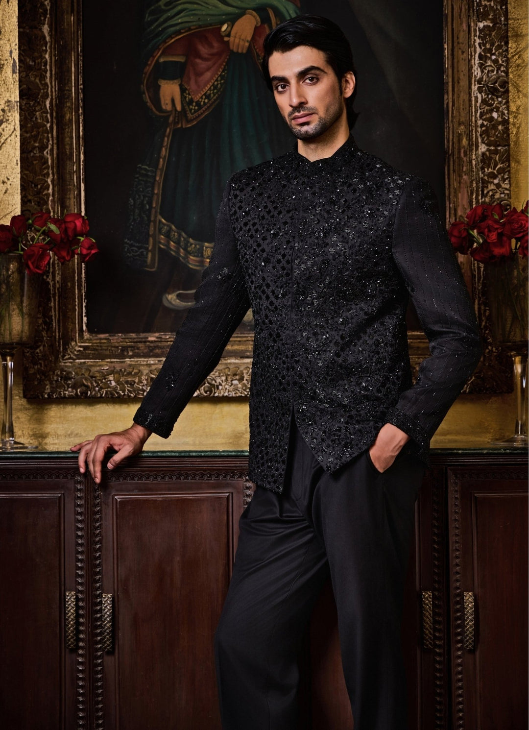 Black Raw Silk Jodhpuri Set Nitika Gujral - Men - Fabilicious Fashion