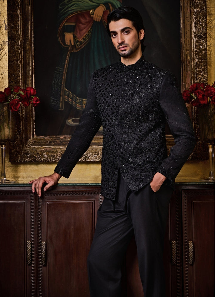 Black Raw Silk Jodhpuri Set Nitika Gujral - Men - Fabilicious Fashion
