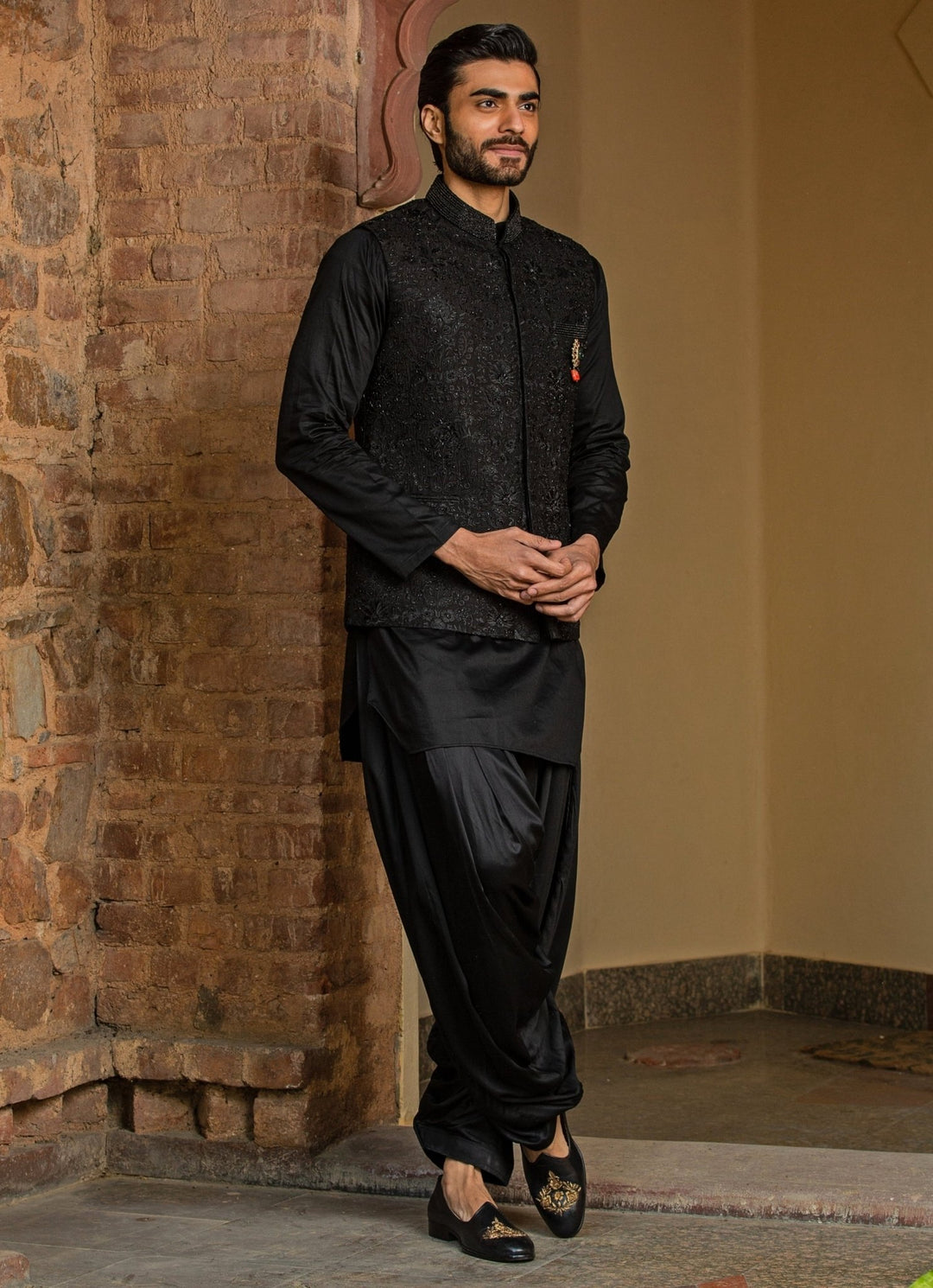Black Raw Silk Nehru Jacket Set Nitika Gujral - Men - Fabilicious Fashion