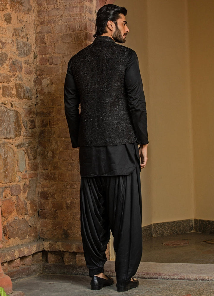 Black Raw Silk Nehru Jacket Set Nitika Gujral - Men - Fabilicious Fashion