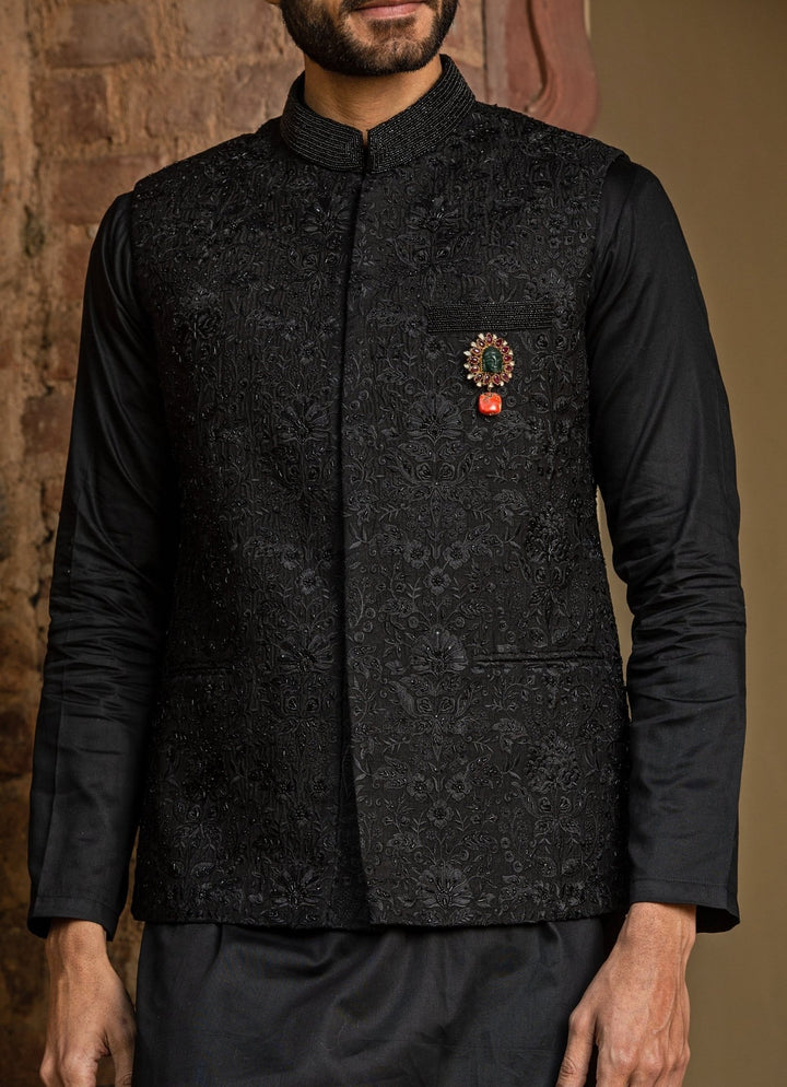 Black Raw Silk Nehru Jacket Set Nitika Gujral - Men - Fabilicious Fashion