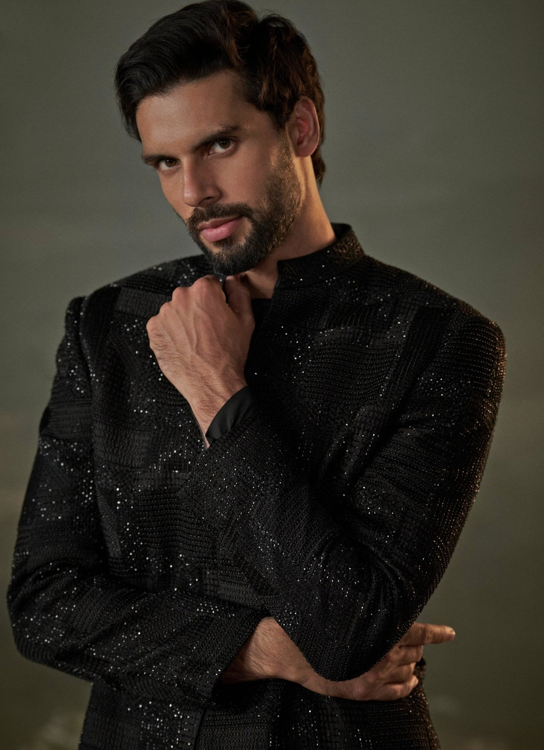 Black Raw Silk Short Sherwani Set Nitika Gujral - Men - Fabilicious Fashion