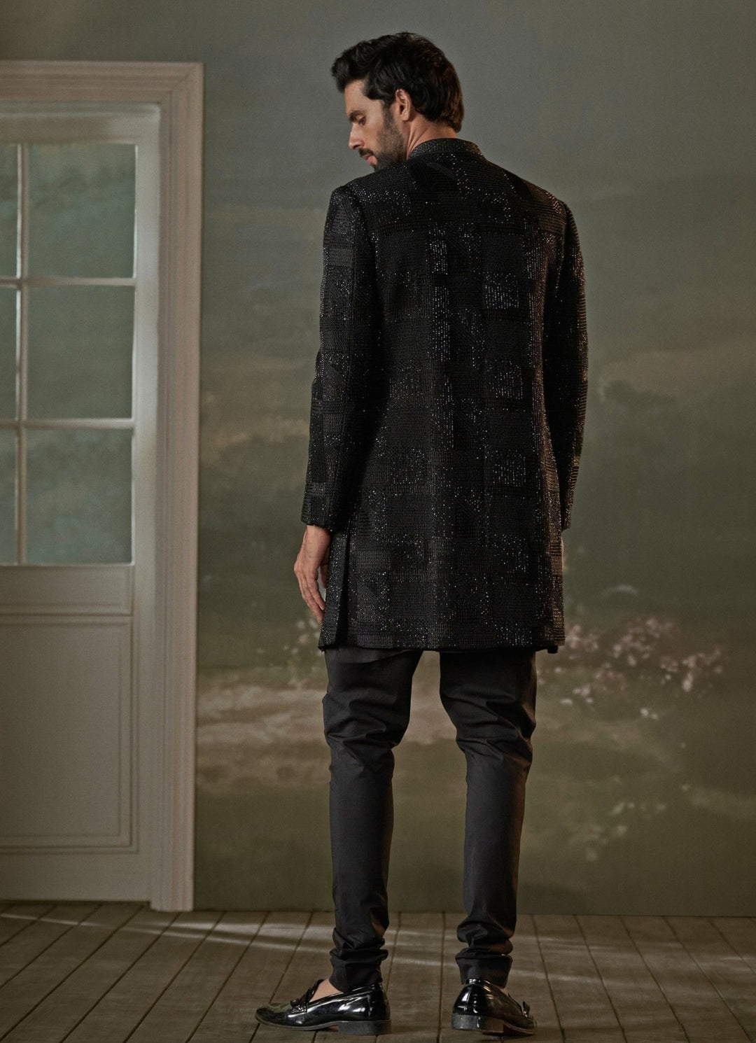 Black Raw Silk Short Sherwani Set Nitika Gujral - Men - Fabilicious Fashion