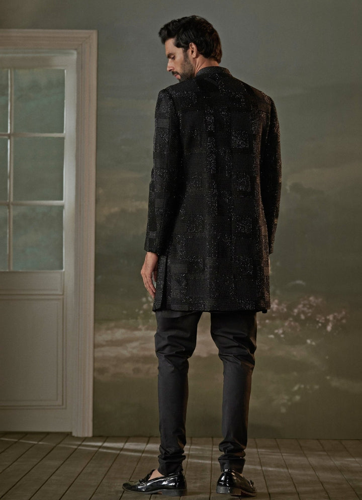 Black Raw Silk Short Sherwani Set Nitika Gujral - Men - Fabilicious Fashion