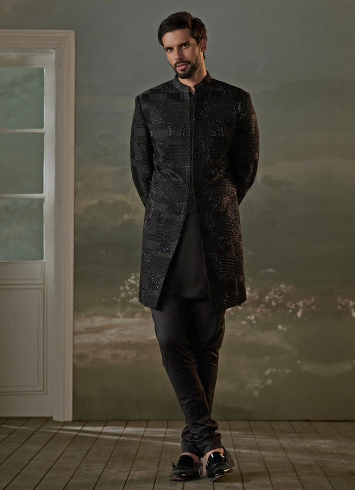 Black Raw Silk Short Sherwani Set Nitika Gujral - Men - Fabilicious Fashion