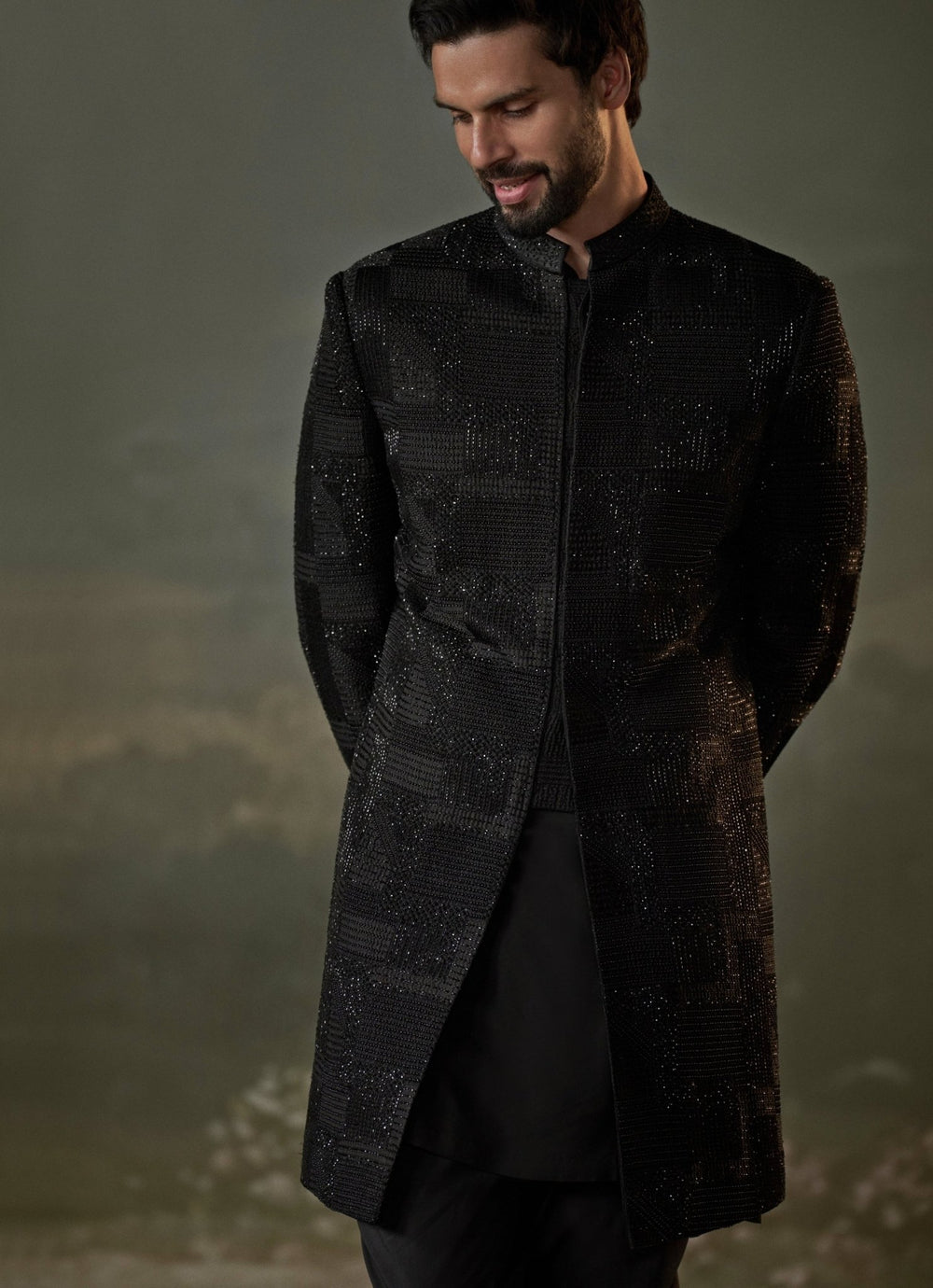 Black Raw Silk Short Sherwani Set Nitika Gujral - Men - Fabilicious Fashion