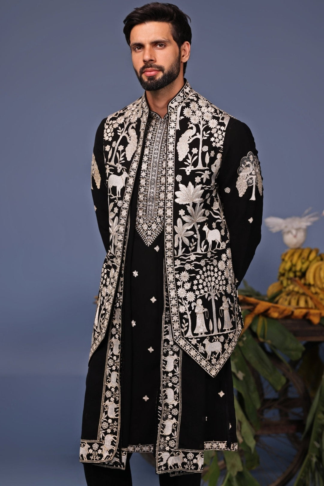 Black Resham Embroidered Kurta Set with Asymmetric Jacket Kalpraag - Fabilicious Fashion