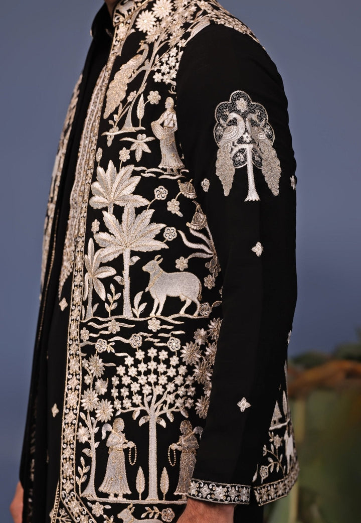 Black Resham Embroidered Kurta Set with Asymmetric Jacket Kalpraag - Fabilicious Fashion