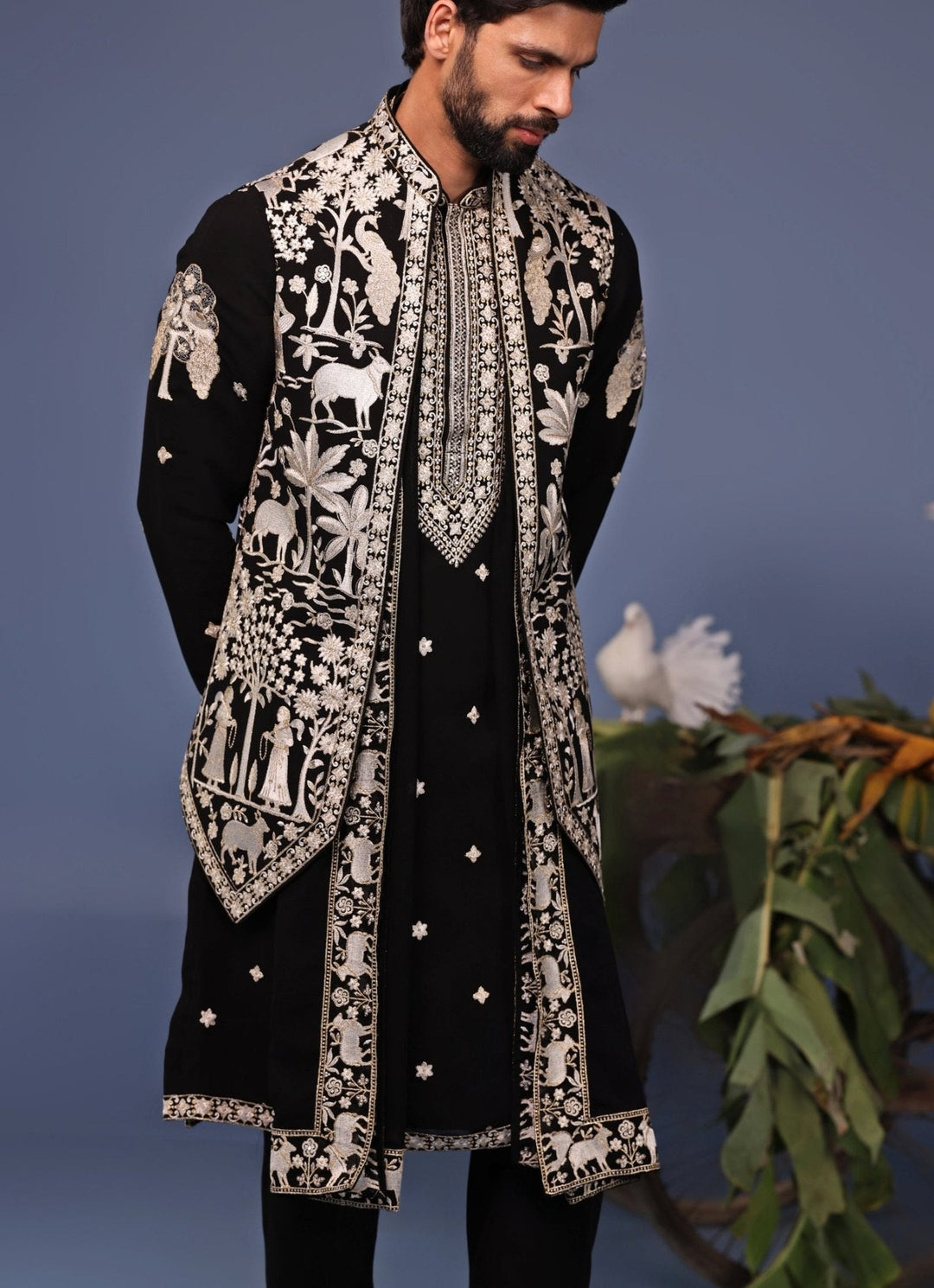 Black Resham Embroidered Kurta Set with Asymmetric Jacket Kalpraag - Fabilicious Fashion