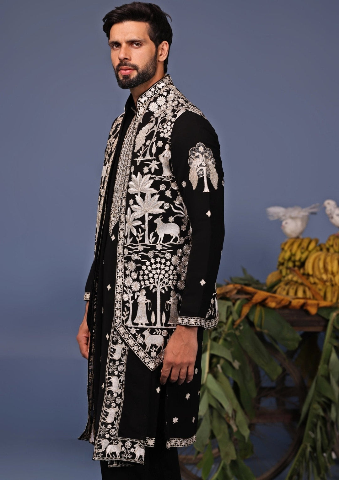 Black Resham Embroidered Kurta Set with Asymmetric Jacket Kalpraag - Fabilicious Fashion