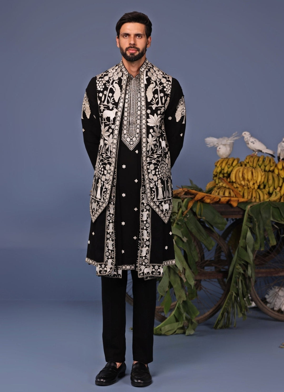 Black Resham Embroidered Kurta Set with Asymmetric Jacket Kalpraag - Fabilicious Fashion