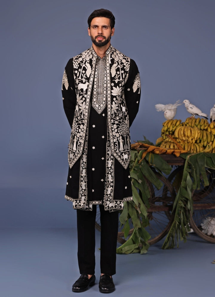 Black Resham Embroidered Kurta Set with Asymmetric Jacket Kalpraag - Fabilicious Fashion
