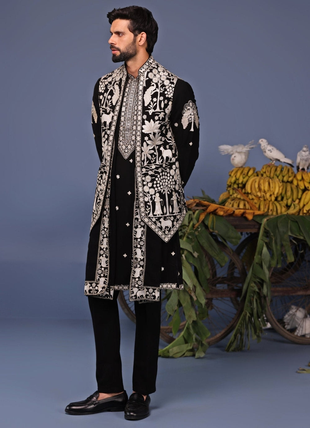 Black Resham Embroidered Kurta Set with Asymmetric Jacket Kalpraag - Fabilicious Fashion