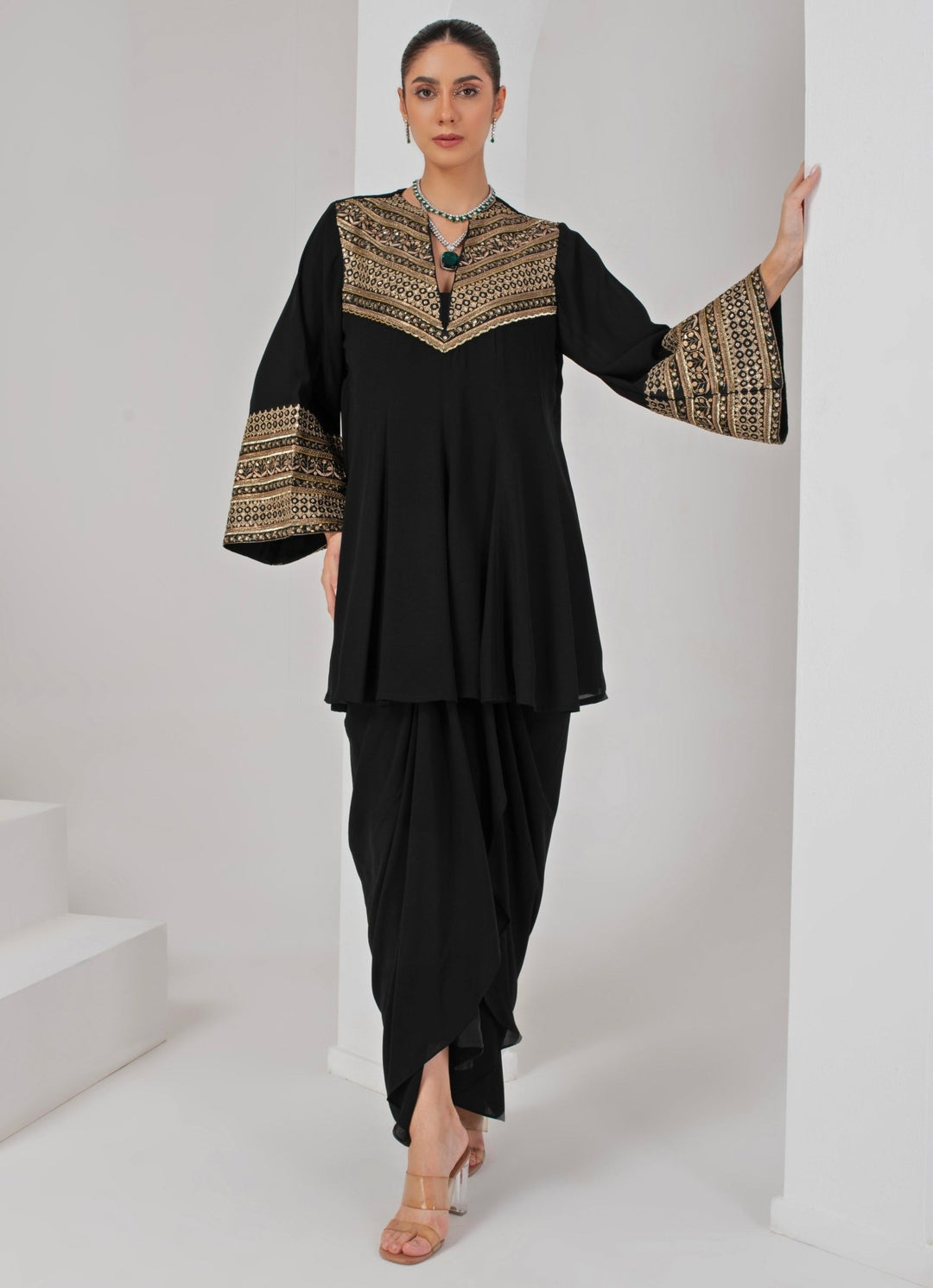 Black Royal Georgette Kurta and Draped Skirt Akara - Fabilicious Fashion