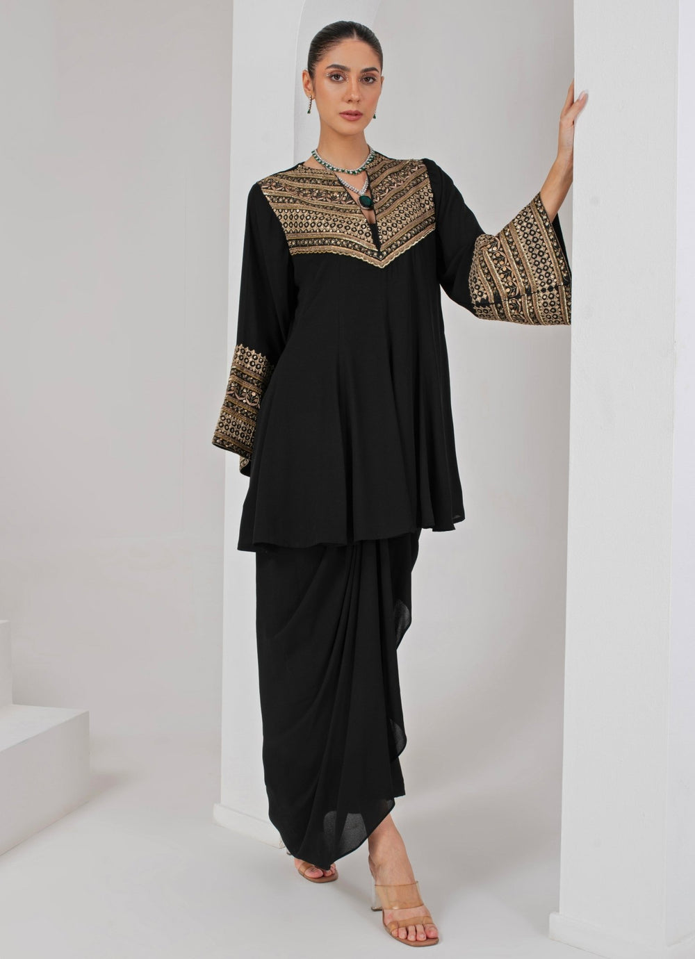 Black Royal Georgette Kurta and Draped Skirt Akara - Fabilicious Fashion