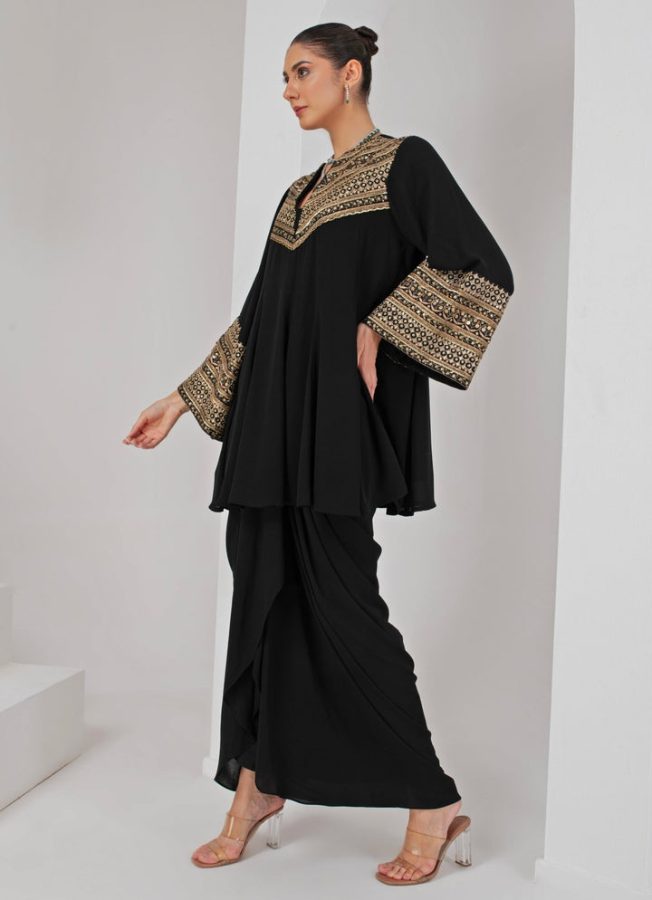 Black Royal Georgette Kurta and Draped Skirt Akara - Fabilicious Fashion