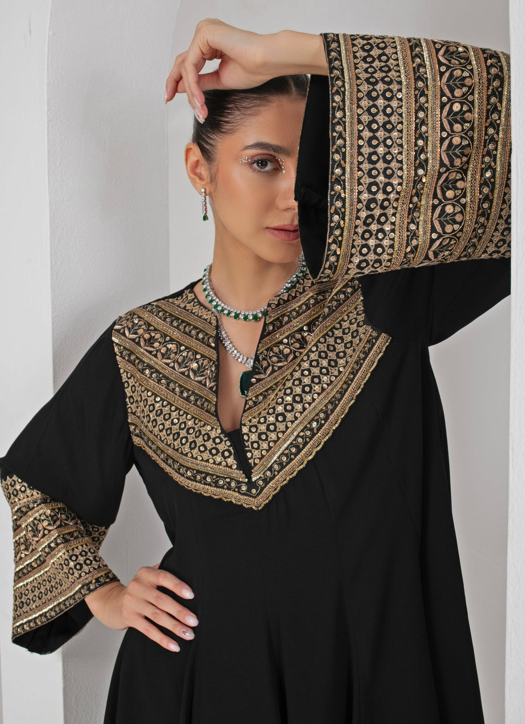 Black Royal Georgette Kurta and Draped Skirt Akara - Fabilicious Fashion