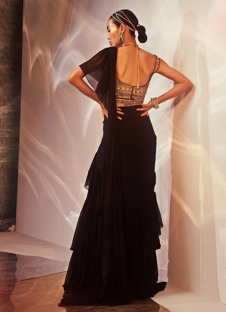 Black Ruffled Georgette Saree Set Akara - Fabilicious Fashion