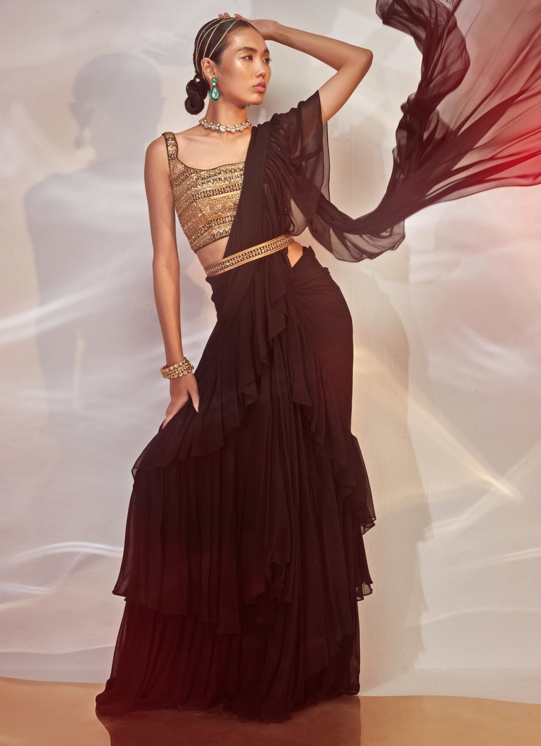 Black Ruffled Georgette Saree Set Akara - Fabilicious Fashion