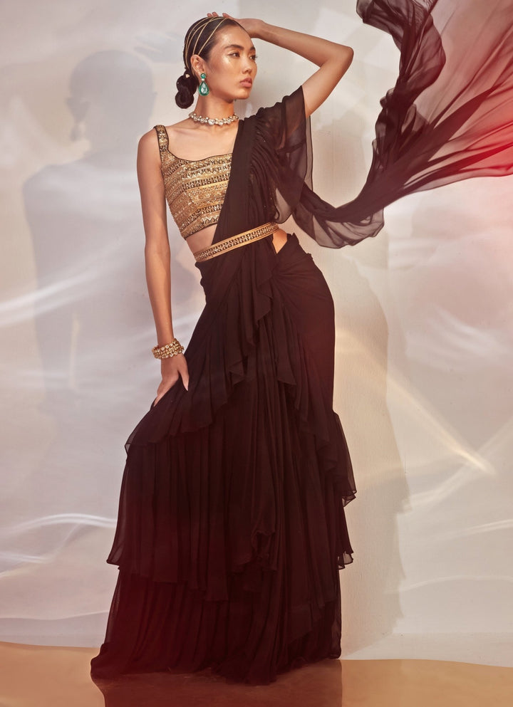 Black Ruffled Georgette Saree Set Akara - Fabilicious Fashion