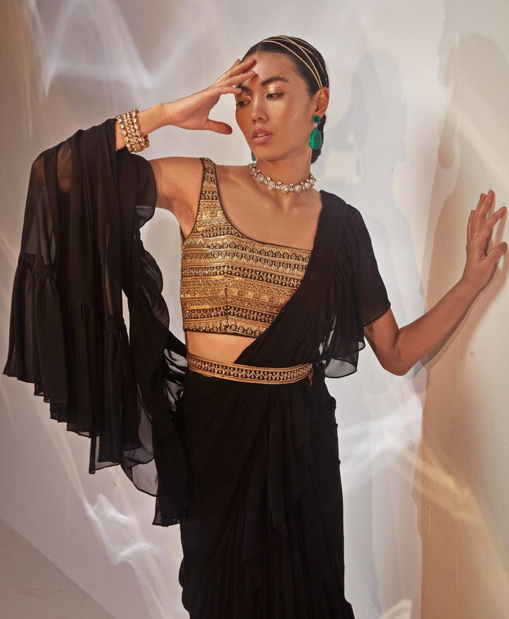 Black Ruffled Georgette Saree Set Akara - Fabilicious Fashion