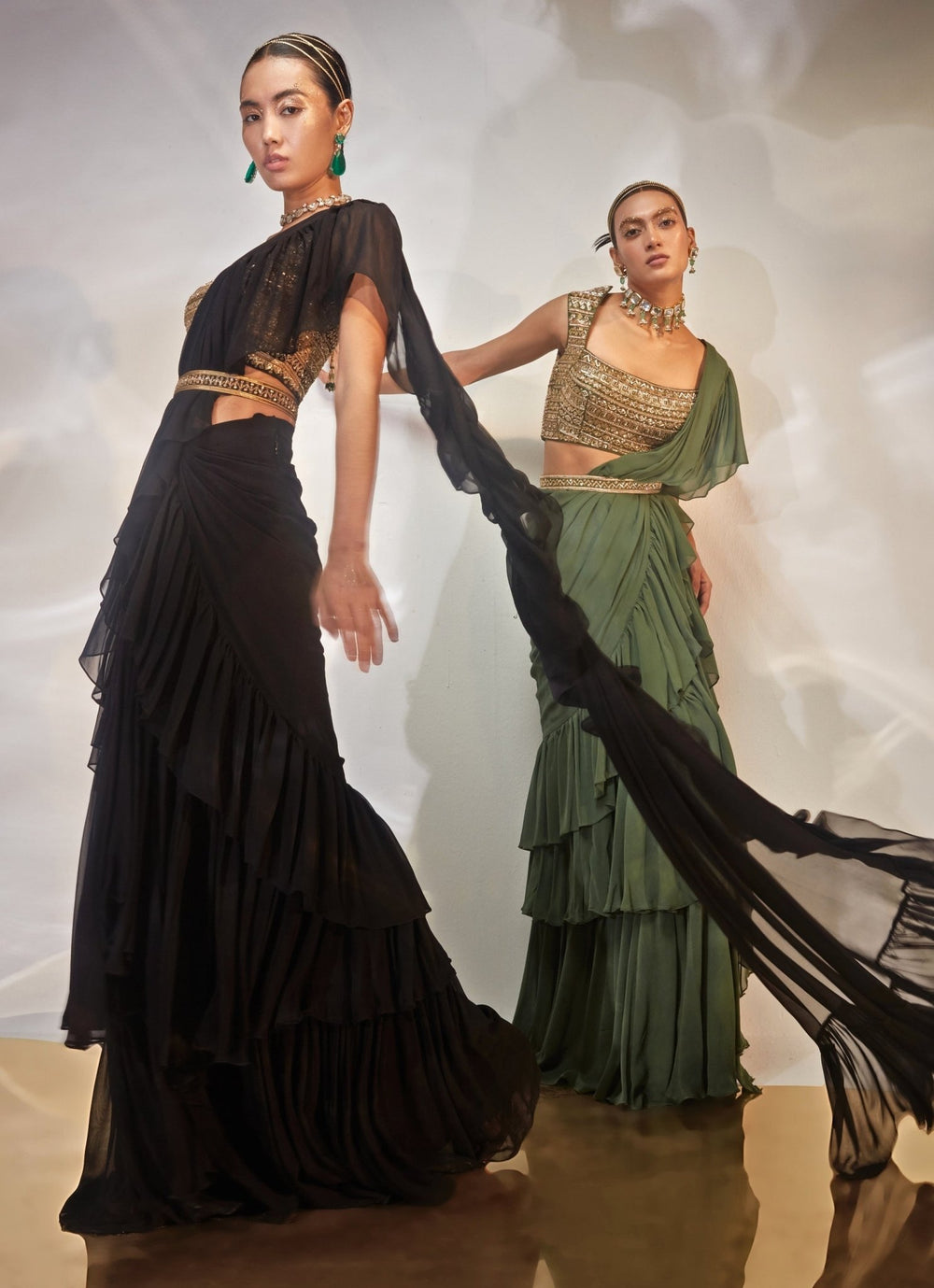 Black Ruffled Georgette Saree Set Akara - Fabilicious Fashion