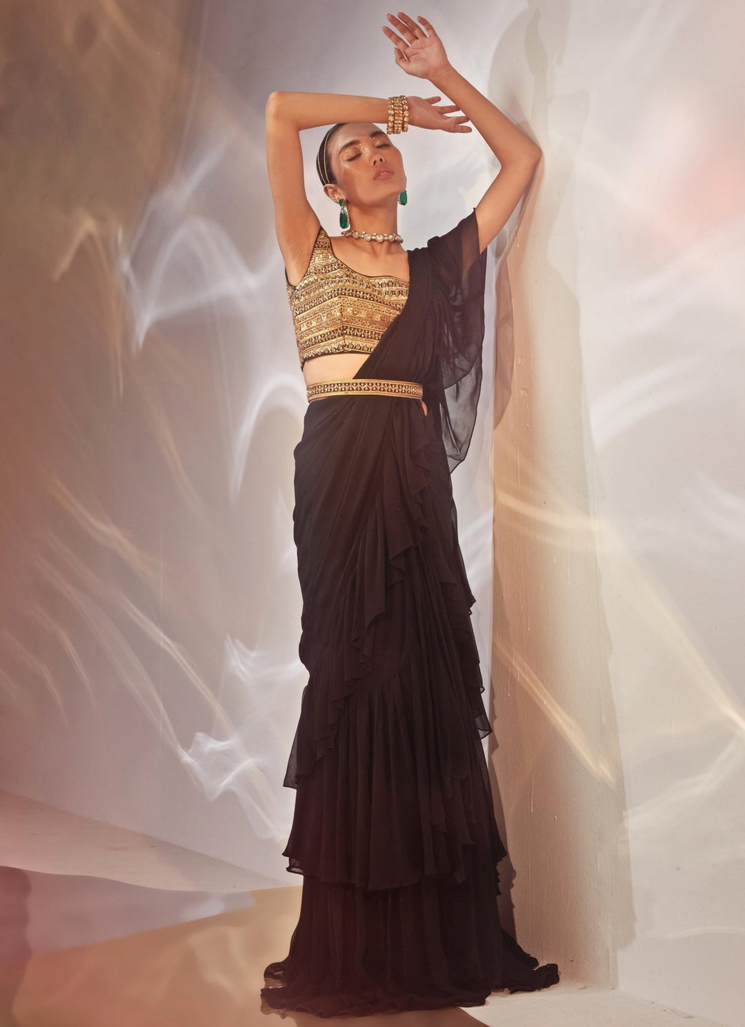 Black Ruffled Georgette Saree Set Akara - Fabilicious Fashion