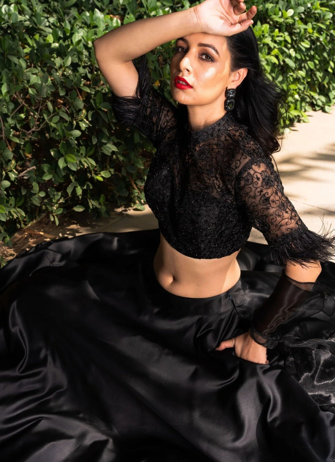Black Satin And Organza Embroidered Lehenga Set Rashika Sharma - Fabilicious Fashion