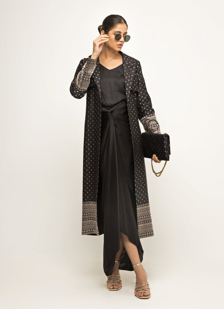 Black Satin Asymmetric Dress With Jacket Sobariko - Fabilicious Fashion