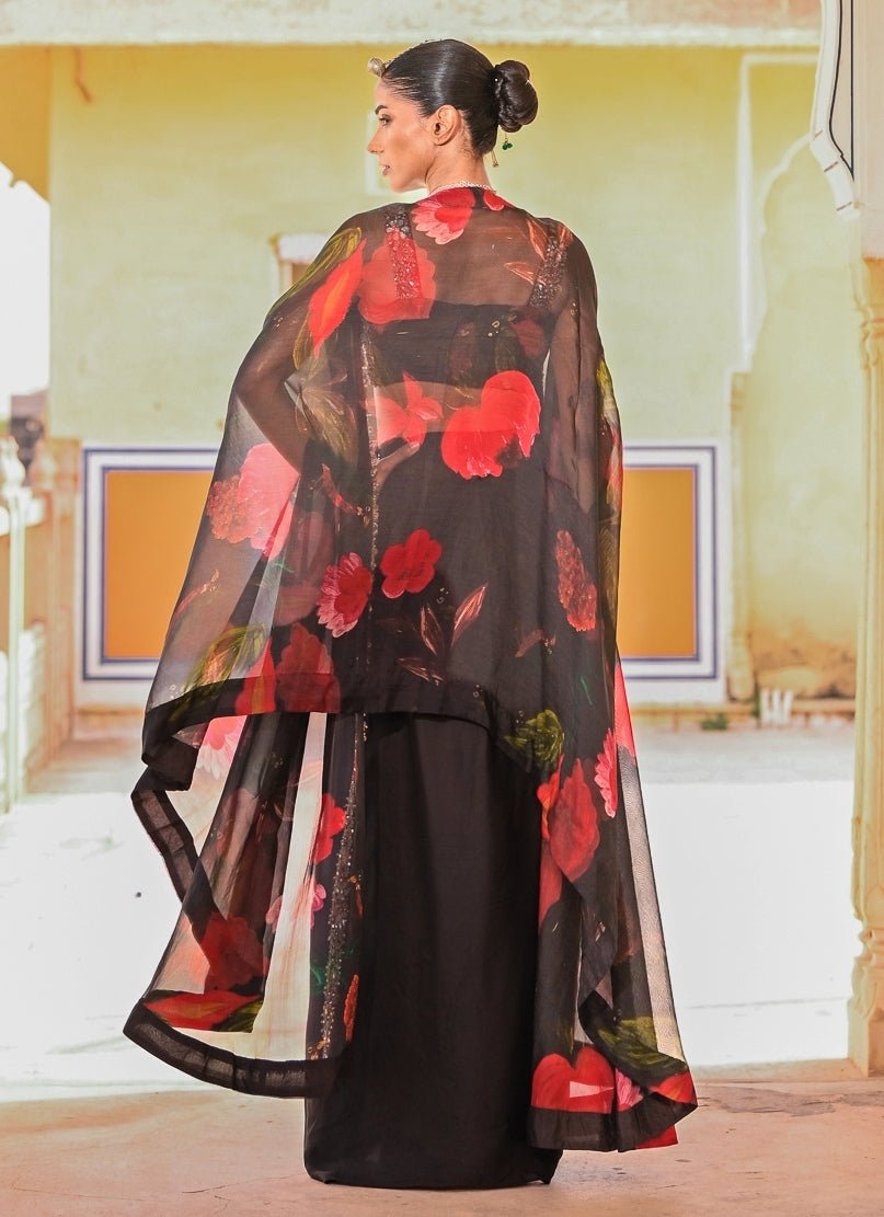 Juhi Bengani Black Satin Cowl Skirt Set With CapeFabilicious Fashion