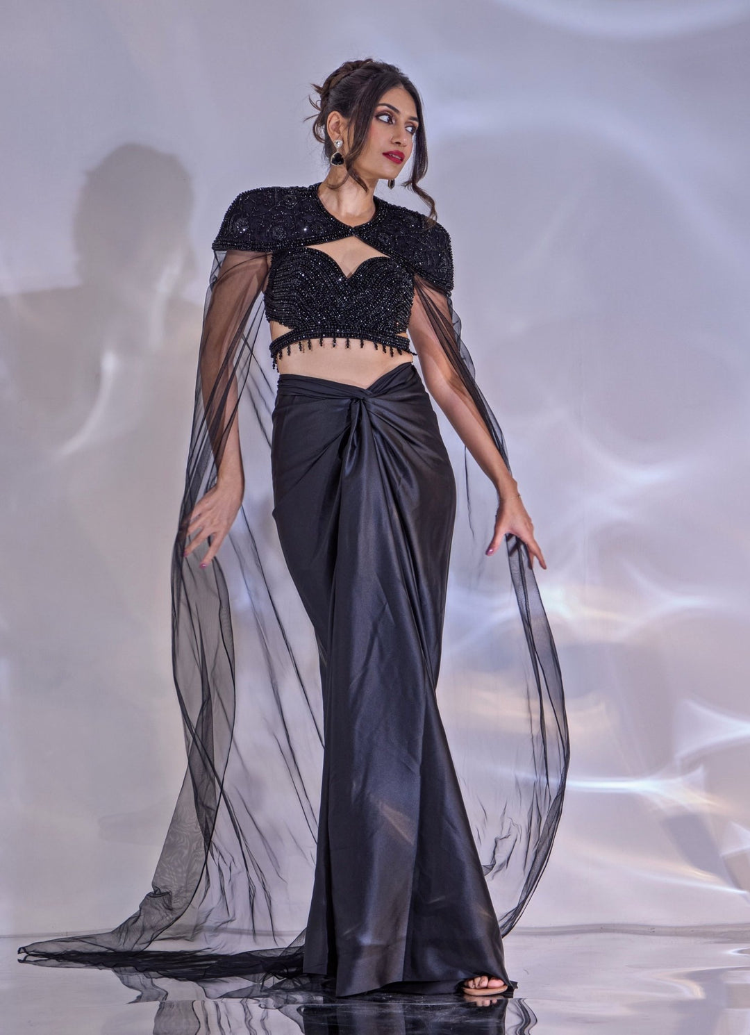 Black Satin Drape Skirt Set With Cape Rashika Sharma - Fabilicious Fashion