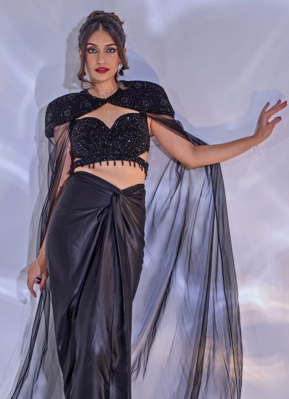 Black Satin Drape Skirt Set With Cape Rashika Sharma - Fabilicious Fashion