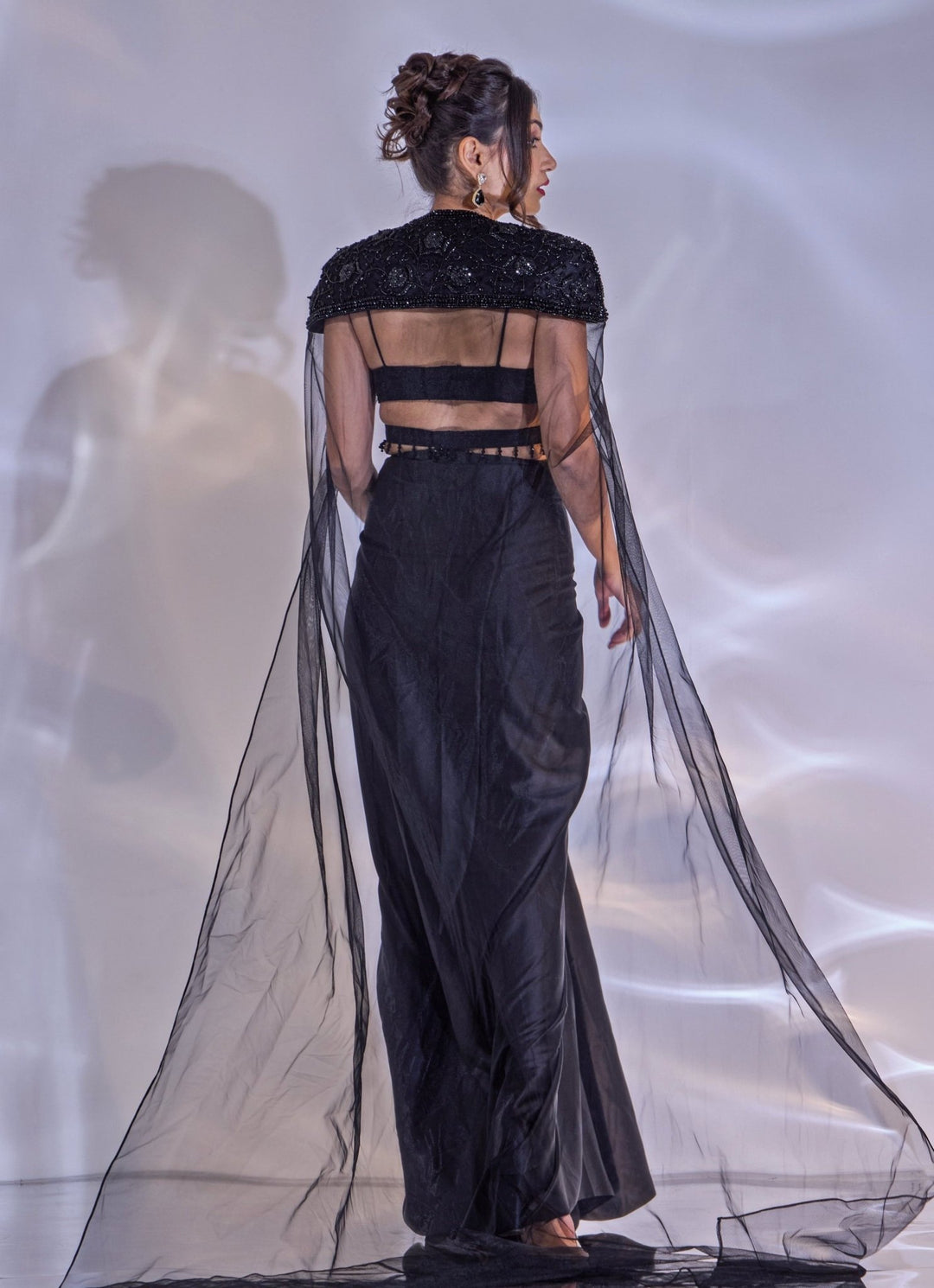 Black Satin Drape Skirt Set With Cape Rashika Sharma - Fabilicious Fashion