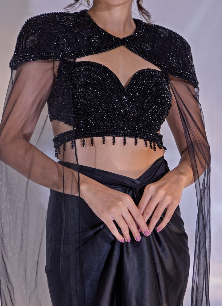 Black Satin Drape Skirt Set With Cape Rashika Sharma - Fabilicious Fashion