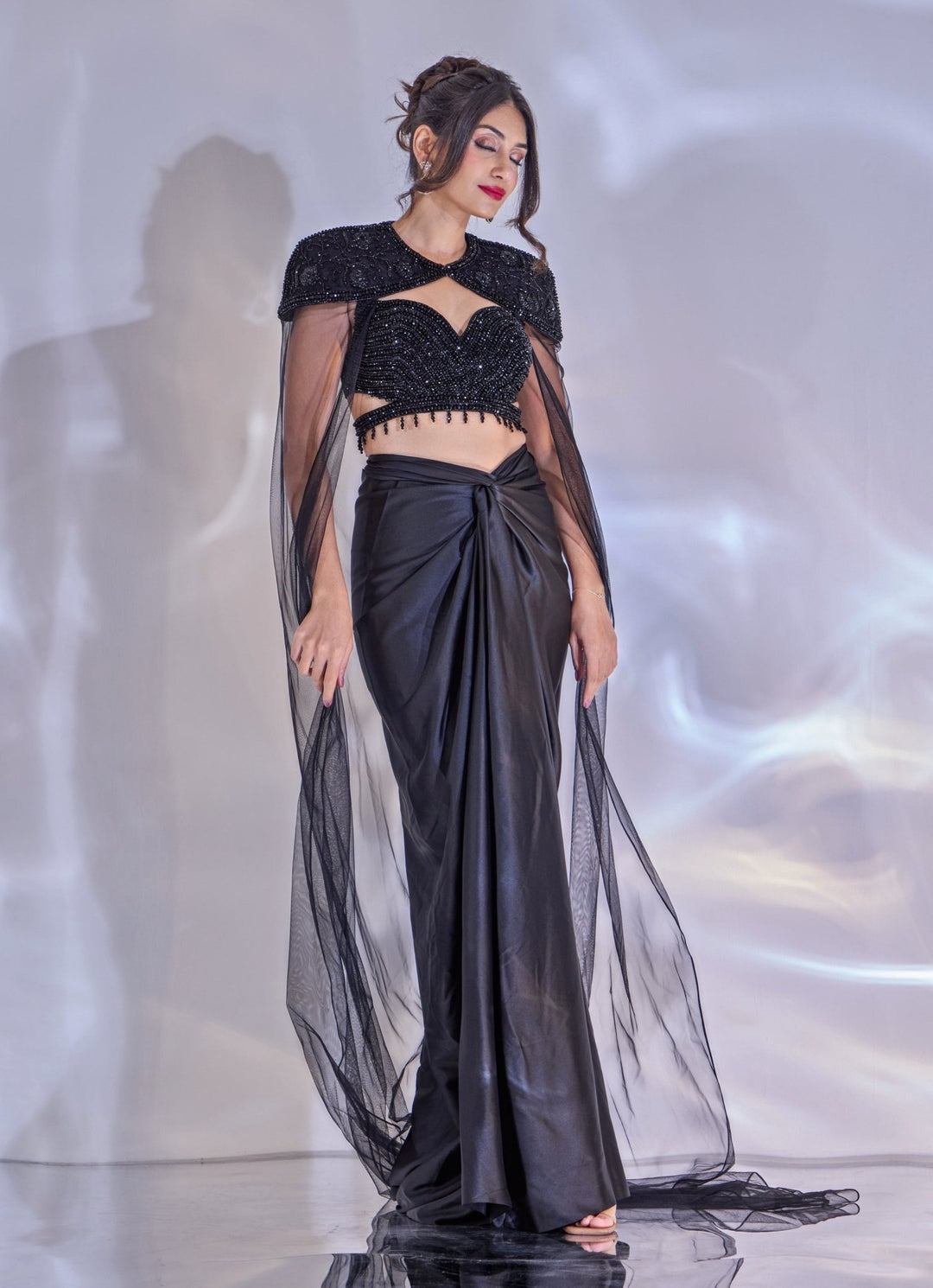 Black Satin Drape Skirt Set With Cape Rashika Sharma - Fabilicious Fashion