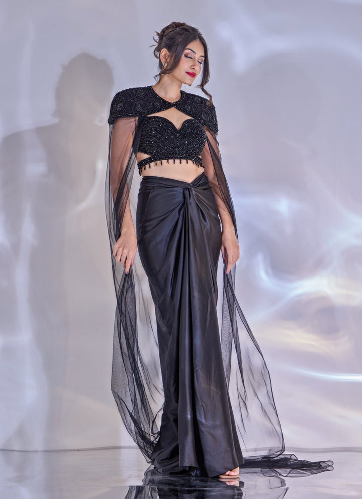 Black Satin Drape Skirt Set With Cape Rashika Sharma - Fabilicious Fashion