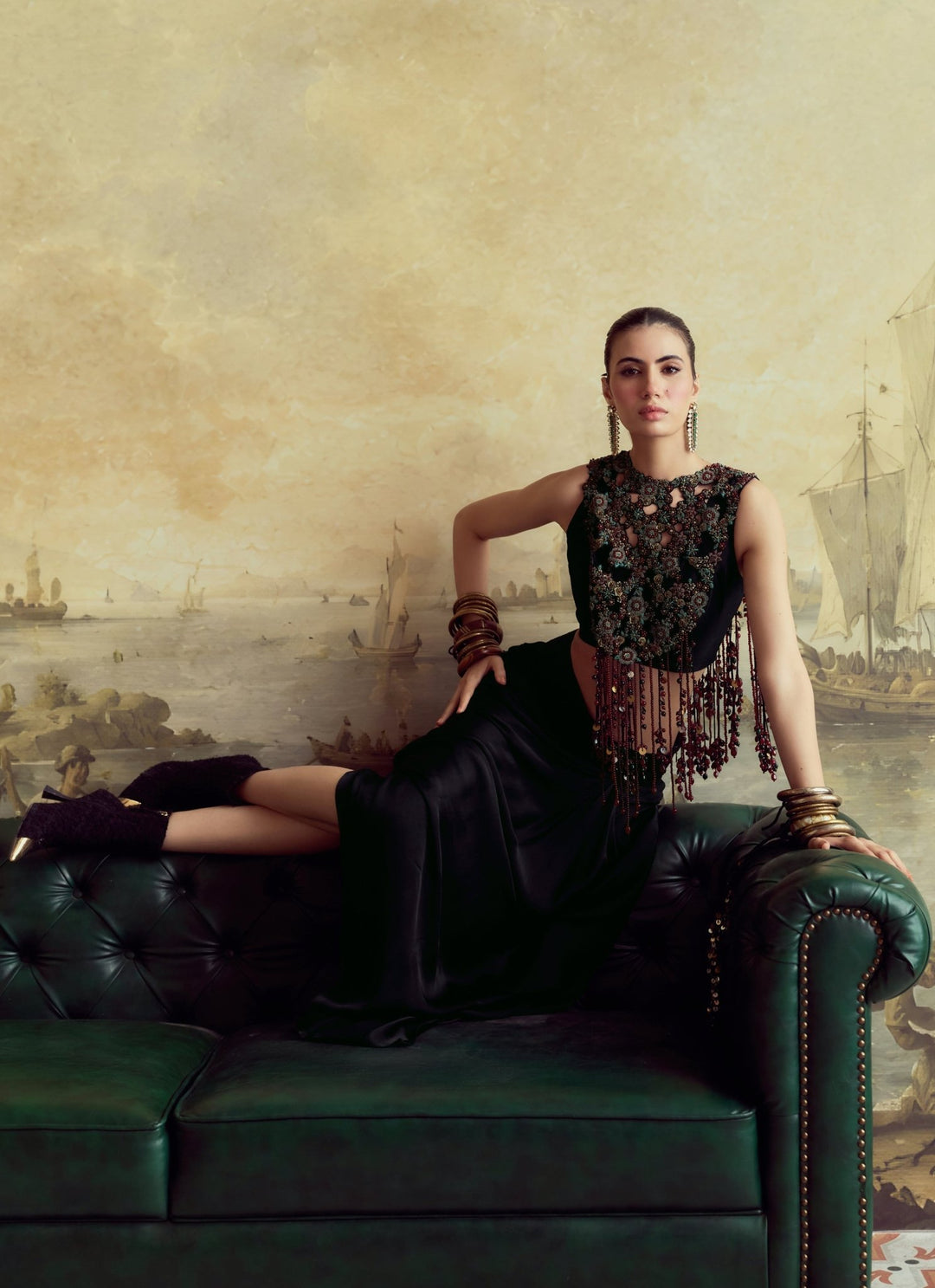 Prisho Black Satin Drape Skirt Set With Moti Cutwork BibFabilicious Fashion