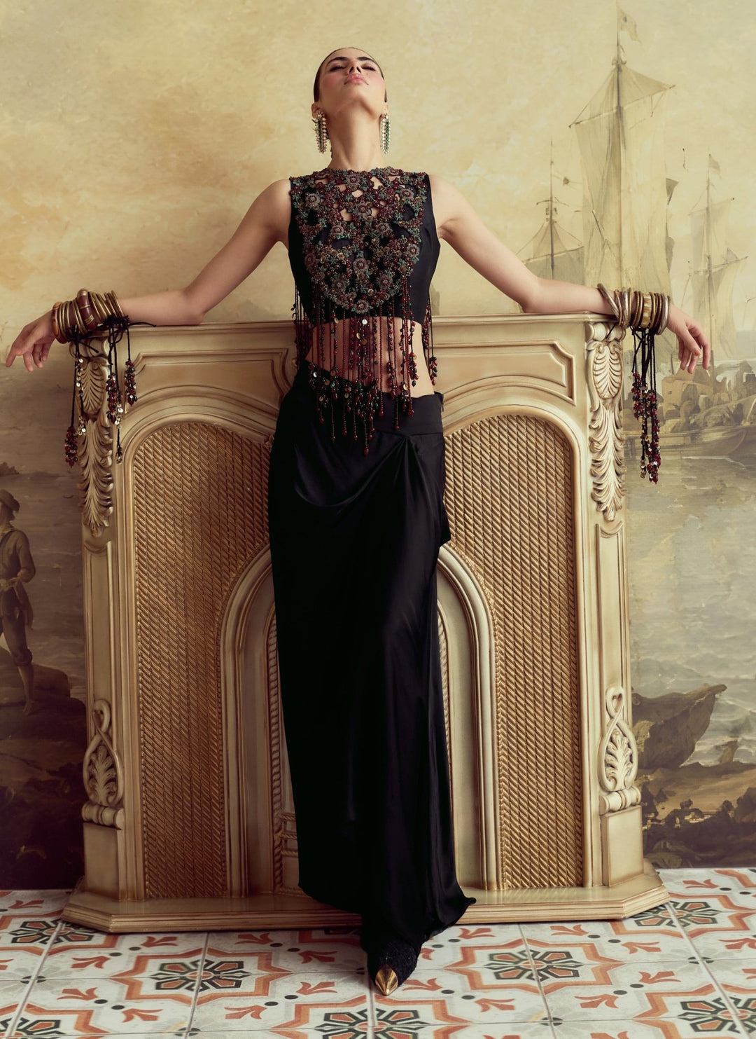 Prisho Black Satin Drape Skirt Set With Moti Cutwork BibFabilicious Fashion