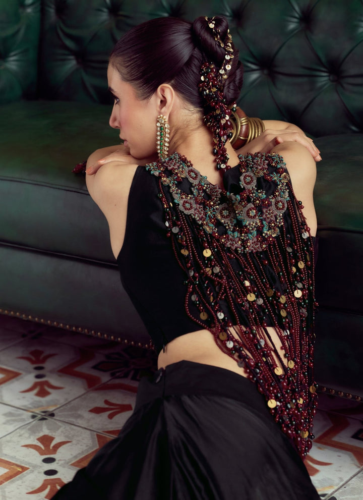 Prisho Black Satin Drape Skirt Set With Moti Cutwork BibFabilicious Fashion