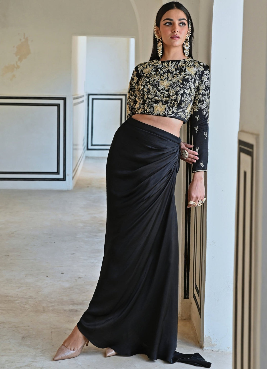 Black Satin Drape Skirt With Flower Embroidered Crop Top Ease - Fabilicious Fashion