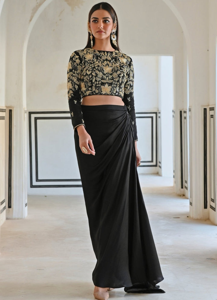 Black Satin Drape Skirt With Flower Embroidered Crop Top Ease - Fabilicious Fashion