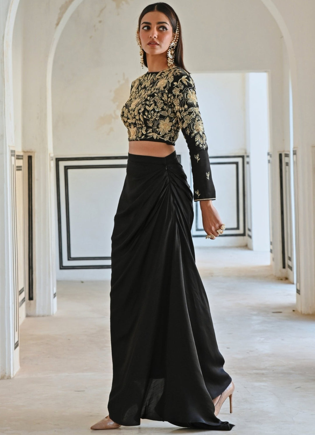 Black Satin Drape Skirt With Flower Embroidered Crop Top Ease - Fabilicious Fashion