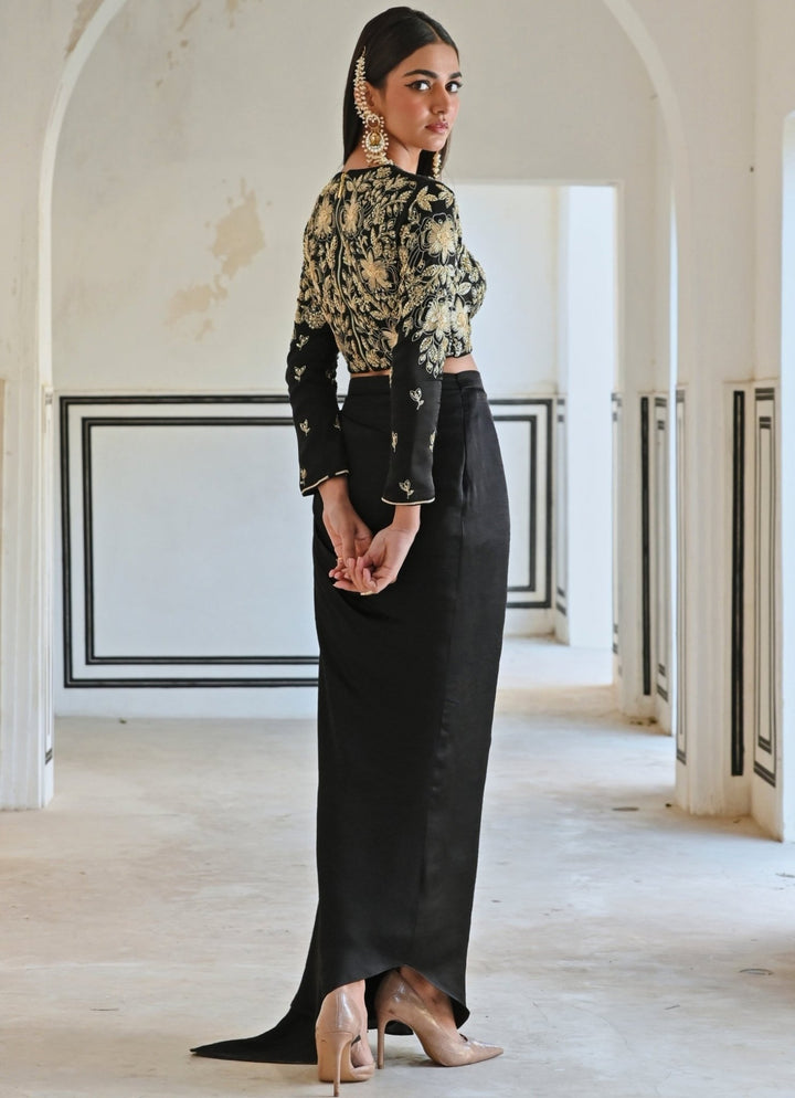 Black Satin Drape Skirt With Flower Embroidered Crop Top Ease - Fabilicious Fashion