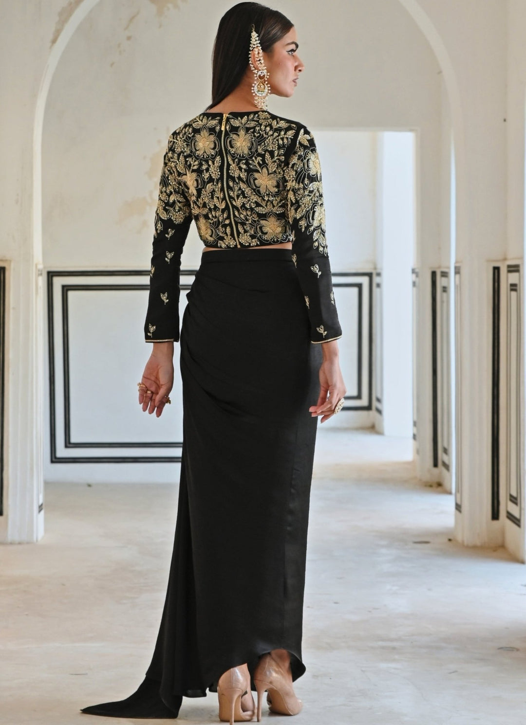 Black Satin Drape Skirt With Flower Embroidered Crop Top Ease - Fabilicious Fashion