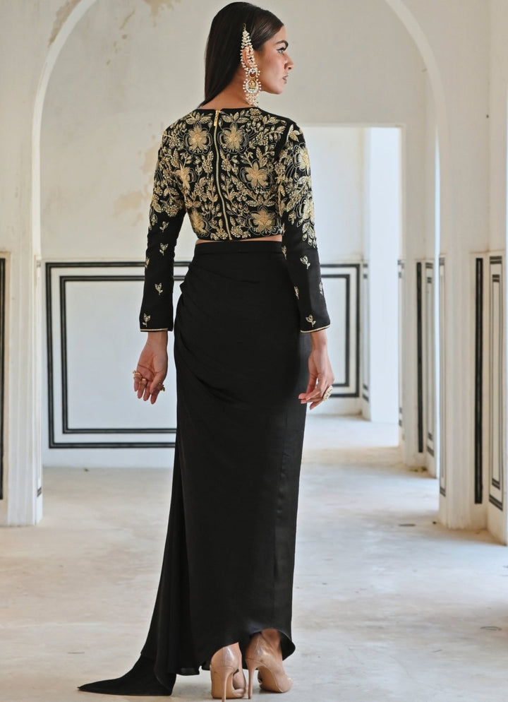 Black Satin Drape Skirt With Flower Embroidered Crop Top Ease - Fabilicious Fashion