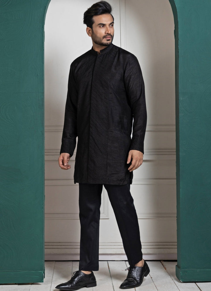 Black Satin Embroidered Achkan and Kurta Pant Set Smriti - Fabilicious Fashion