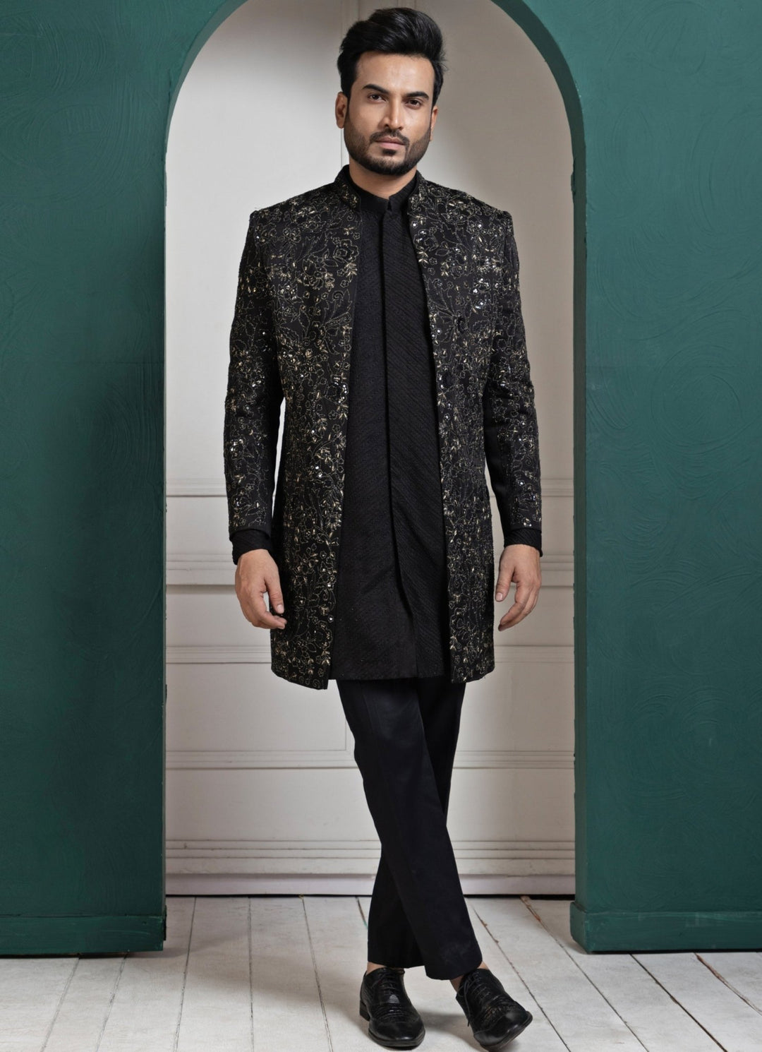 Black Satin Embroidered Achkan and Kurta Pant Set Smriti - Fabilicious Fashion