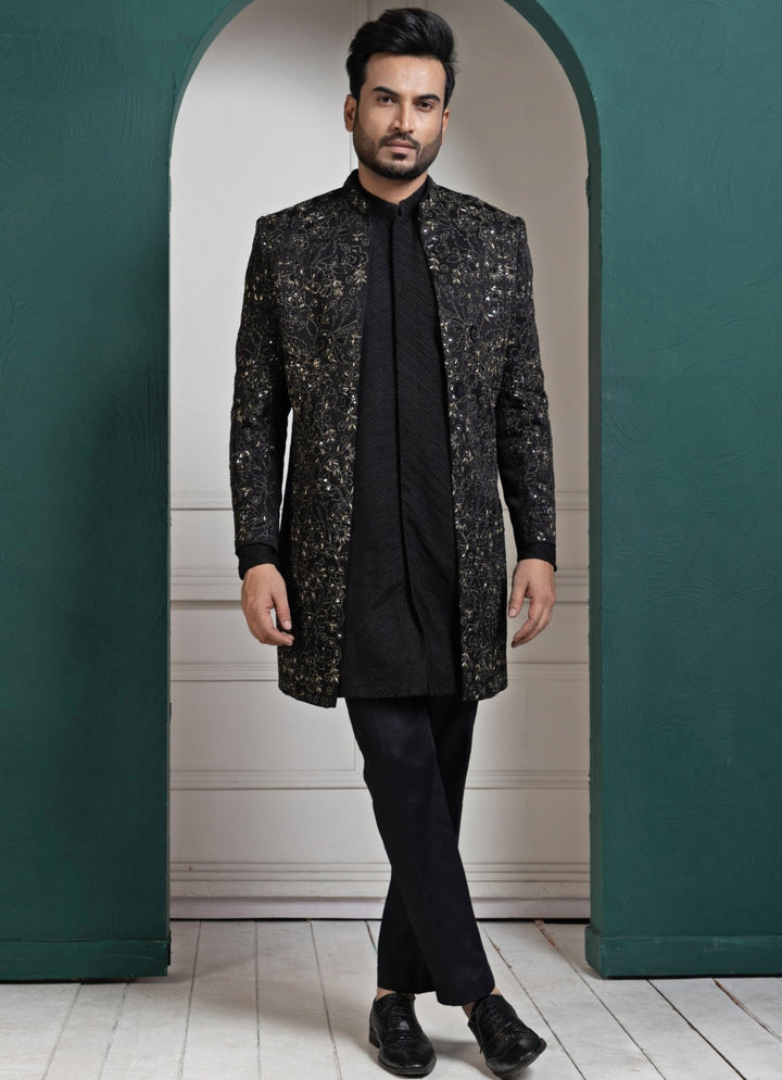 Black Satin Embroidered Achkan and Kurta Pant Set Smriti - Fabilicious Fashion