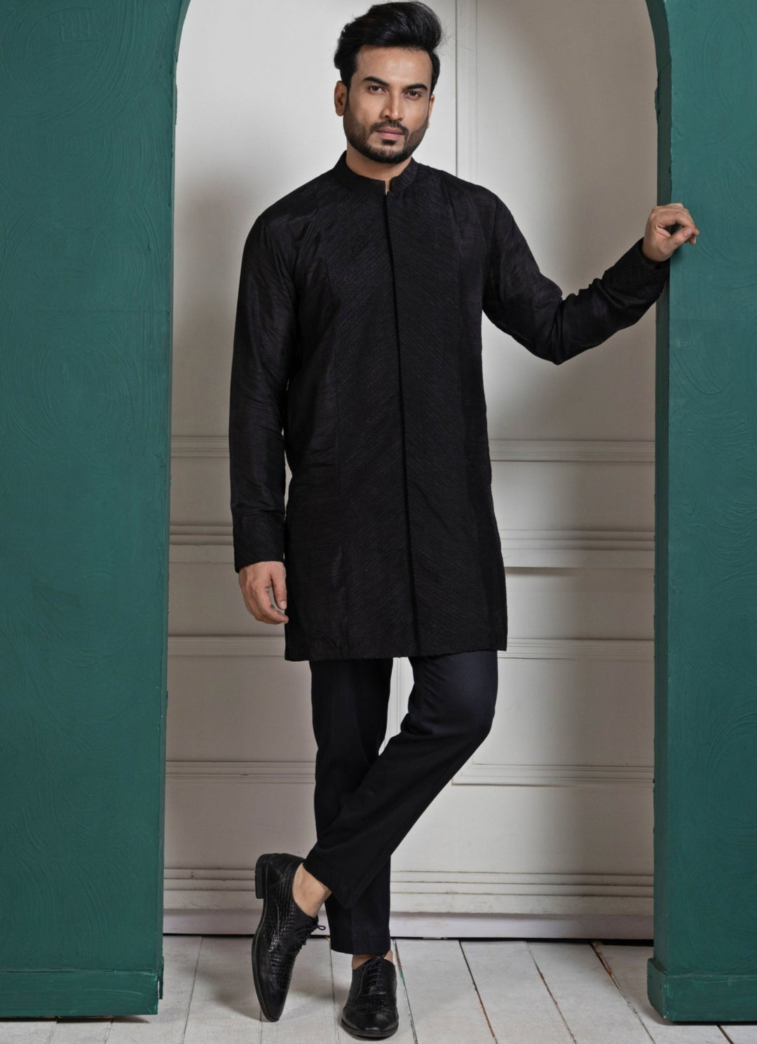 Black Satin Embroidered Achkan and Kurta Pant Set Smriti - Fabilicious Fashion