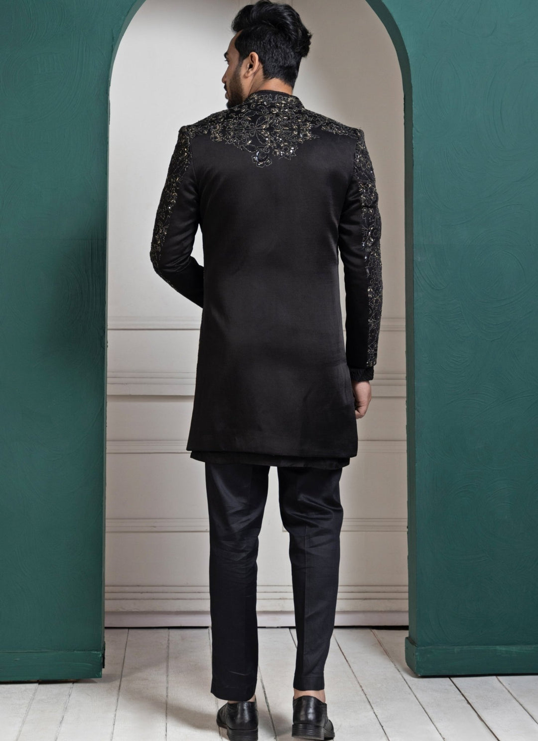 Black Satin Embroidered Achkan and Kurta Pant Set Smriti - Fabilicious Fashion